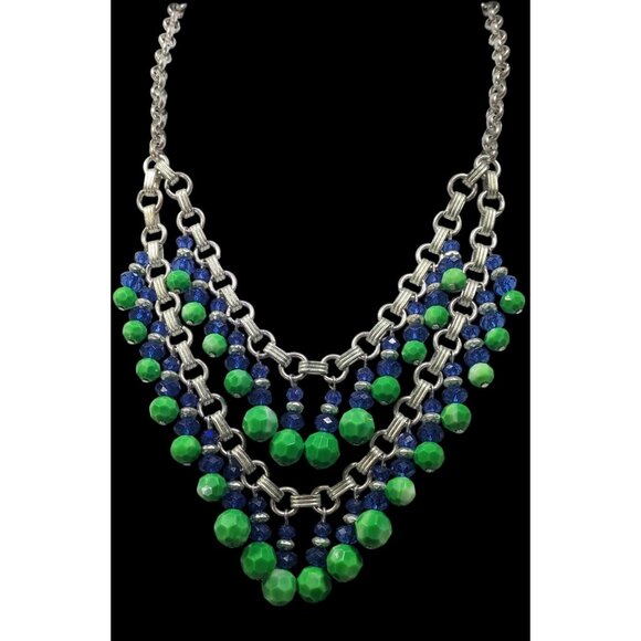 Funky Blue And Green Beaded Multilayer Fringe Necklace - Picture 2 of 6